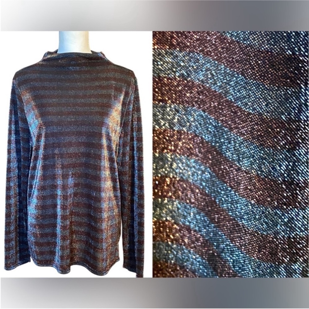 Nine West Metallic Striped Turtleneck Long Sleeve Top  | Bronze & Silver (XXL)